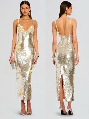 Retrofete Ines Embroidered Sequin Dress Yuzu Gold NEW with tags